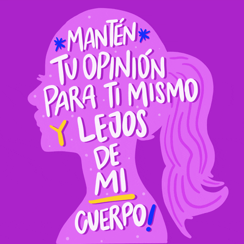 Digital art gif. Different purple silhouettes of women with different hairstyles cycle across the screen against a lilac background. Inside the changing silhouettes, text reads, "Mantén tu opinion para ti mismo y lejos de mi cuerpo!"