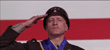 Movie gif. George C Scott as General George Patton in Patton, in front of the American flag, hand to the brim of his helmet, saluting.
