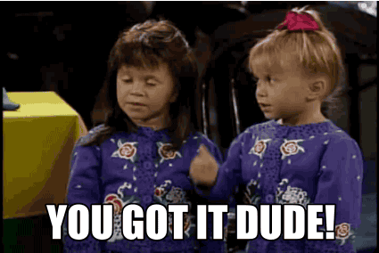 TV gif. Ashley and Mary Kate Olsen as Michelle Tanner on Full House. They are toddlers and they say simultaneously, "You got it dude!" before sending us a thumbs up and high fiving one another.