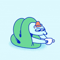 Illustrated gif. A blue polar bear wearing an orange beanie is wrapped in a green blanket and holds a steaming mug. 