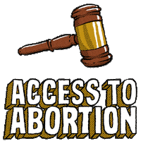 Text gif. Gavel strikes big block letters reading "Access to abortion," cracking them.