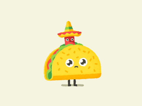 Digital art gif. Taco with baby eyes stares at us as a hot dog with a sombrero pops up from the shell.
