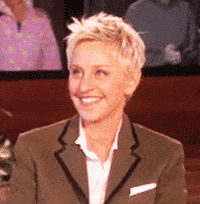 Celebrity gif. Ellen DeGeneres shrugs with a smile, then tilts her head in confusion.