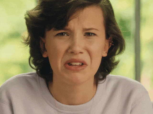 Ad gif. Millie Bobby Brown is in an ad for Converse. She says, "Ew, ew!" as she cringes backwards.