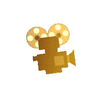 Sticker gif. Golden video camera is shaking back and forth and the two discs on top of the camera spin as it records.