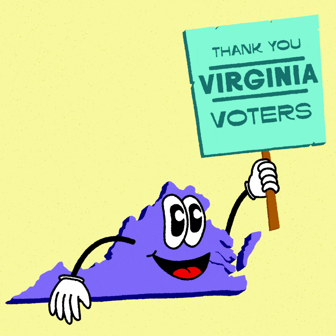 Digital art gif. Grapey purple graphic of the anthropomorphic state of Virginia on a butter yellow background holding a seafoam green picket sign that reads "Thank you Virginia voters!"