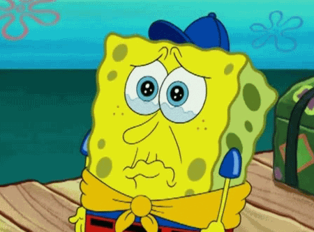 SpongeBob gif. SpongeBob frowns with quivering lips as tears well in his eyes.