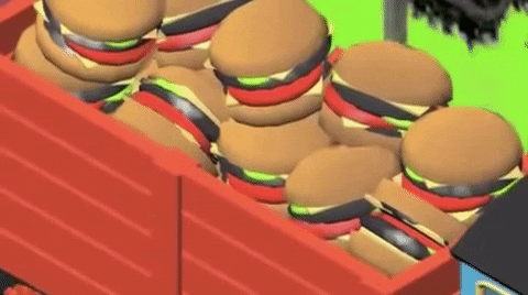 Illustrated gif. Open wagon car piled with hamburgers speeds past a field with trees.