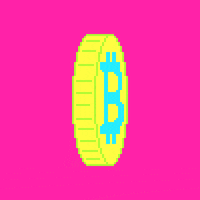 Illustrated gif. Pixelated yellow coin with blue Bitcoin logo spins around a vertical axis on top of a hot pink background.