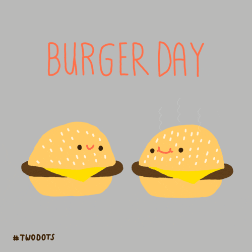 Digital art gif. Two steaming cheeseburgers with sesame seed buns smile at each other under the caption, “Burger Day.”