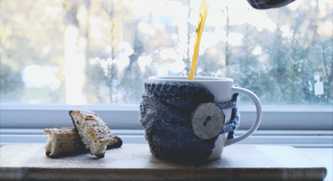 Video gif. Tea pours from a kettle into a mug wrapped in a knit cozy beneath a foggy window.