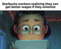 Movie gif. Meilin from turning red looks wide-eyed at a notebook before spinning around in her chair and standing up, still looking shocked. Text reads, "Starbucks workers realizing they can get better wages if they unionize."