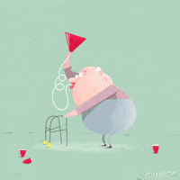 Illustrated. gif. Old man stands among discarded red party cups and leans on a walker with one arm, chugging from a beer bong held up over his head.