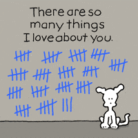 Cartoon gif. Chippy the Dog holds a blue crayon and adds another tally mark to a wall full of tally marks. Text, "There are so many things I love about you."