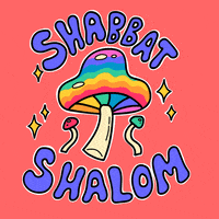 Digital art gif. Psychedelic whirling rainbow mushroom twinkles on a coral pink background, surrounded by groovy periwinkle text reading, "Shabbat shalom."