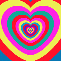 Digital art gif. We zoom in on an dizzying contagion of concentric hearts in red, pink, yellow, blue, and green. 