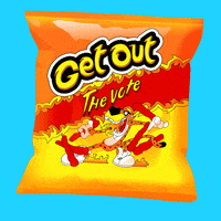 Illustrated gif. Bag of Flamin Hot Cheetos floating on an aqua background, text instead reading, "Get out the vote!"