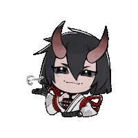 Sponsored sticker gif. Anime woman with demon horns leans from side to side while holding her hands aloft. She wears a white kimono robe.