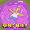 Sponsored gif. Homer Simpson, arms and legs spread wide, disappears slowly into a vat of steaming purple liquid. The Fortnite and Simpsons logos are in the upper right corner. Text reads: "Send Help" 