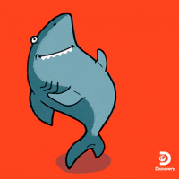 Illustrated gif. A shark leans back and rubs its belly, crying while laughing. Text, "ha ha ha," and Discovery Channel logo in right corner.
