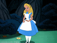 Disney gif. Standing in a forest, Alice of Alice in Wonderland smiles and curtsies.