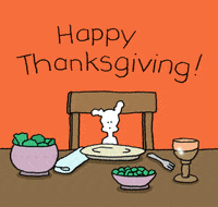 Cartoon gif. Chippy the dog sits at a table with plates of food. Chippy waves and holds up a sign that says, "Pass the bones." Text above him says, "Happy Thanksgiving!"