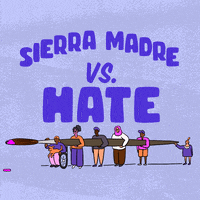 Digital art gif. Big block letters read "Sierra Madre vs hate," hate crossed out in paint, below, a diverse group of people carrying an oversized paintbrush dripping with pink paint.