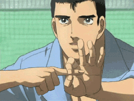 Anime gif. Takakazu Abe from Kuso Miso Technique looks intently forward and repeatedly slides thumb and index finger, shaped in an O, over his other finger pointed straight out, miming penetration.