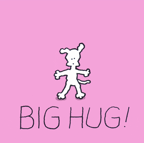Cartoon gif. Chippy the Dog hugs the air and says "grrr!" Text, "Big hug!"