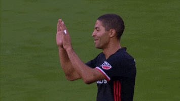 Sports gif. Saborio of the D.C. United soccer club high-fives several teammates as they congratulate him.