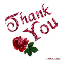 Sticker gif. Text, 'Thank you,' is written in sparkling red glitter and a red rose with three green leaves is next to it.