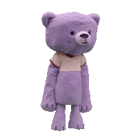 Sticker gif. Lavender bear mascot, long arms limply at their sides, flops their big head from side to side, shaking their head no.