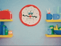 Digital illustration gif. Red clock with a mustachioed face on the wall next to yellow shelves and kitchen items looks down at text that pops into frame, "Rise and shine!'