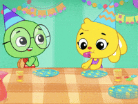Cartoon gif. Turtle and a bunny wearing party hats sit at a table with bright party decorations all around them. The bunny blows a party horn and the turtle changes from clapping its hands to jolting back like its startled by the unwelcomed sound. 