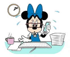Disney gif. Overwhelmed Minnie Mouse works busily at a desk as sweat springs from her brow, making calls and taking notes as the clock spins incessantly behind her.