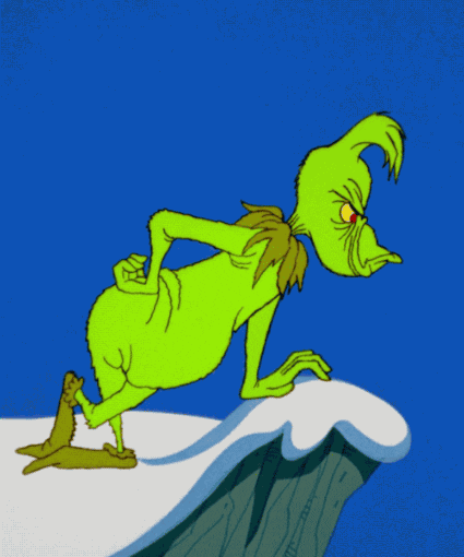 Movie gif. The Grinch is leaning against a snowy ledge and peers over it, tapping their fingers in impatient annoyance. Their mouth is turned down in a frown as they contemplate their next move. 