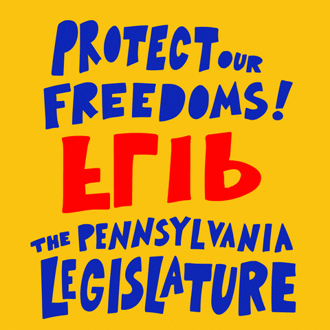 Text gif. Bold youthful block letters on a bright yellow background, action marks emphasizing an upside-down word that, turned right-side up turns from red to blue and reads, "Flip." Text, "Protect our freedoms, flip, the Pennsylvania legislature."