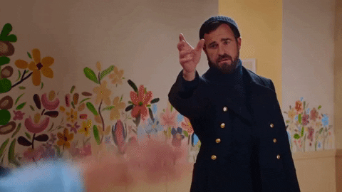 TV gif. In a scene from At Home with Amy Sedaris, Justin Theroux as the sea captain slides away dramatically with an arm outstretched, while another outstretched arm in the foreground reaches out to him.