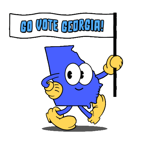 Digital art gif. Blue shape of Georgia smiles and marches forward with one hand on its hip and the other holding a flag against a transparent background. The flag reads, “Go vote Georgia!”