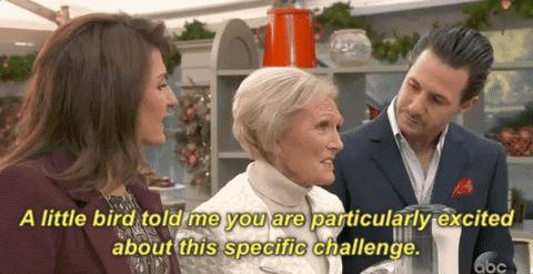 great american baking show a little bird told me you are particularly excited about this specific challenge GIF by ABC Network
