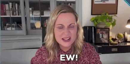 Celebrity gif. A webcam shot of Amy Poehler yelping "ew!" 