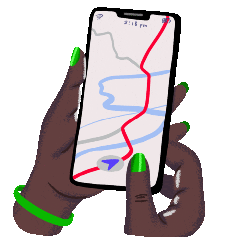 Digital art gif. Manicured hands hold a smartphone against a transparent background. On the screen, we see a map that reads, “Finding route…Access to abortion.” Below, the calculated miles increase from 26 miles to 352 miles.
