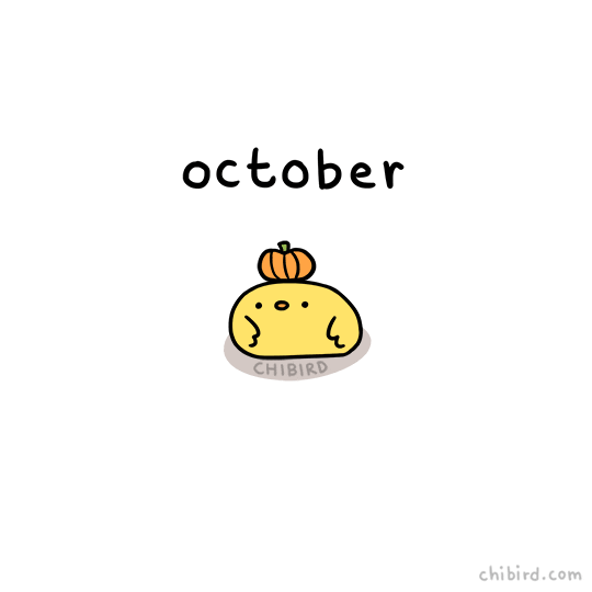 Digital art gif. Oval-shaped yellow cartoon bird bounces a small pumpkin on the top of its head. Text above the bird reads, “October.”