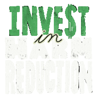 Text gif. Oversized block letters reading "Invest in harm reduction," with a dollar sign in place of the S.