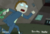 Cartoon gif. Morty from Rick and Morty, wearing battered clothes, can't tear his gaze from whatever is chasing him as he runs towards a door Rick that opens for him, yelling.