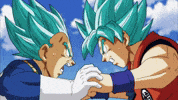 Cartoon gif. 2 grimacing Manga Dragon Ball characters with blue hair face off. They lock eyes as their fists push against each other.