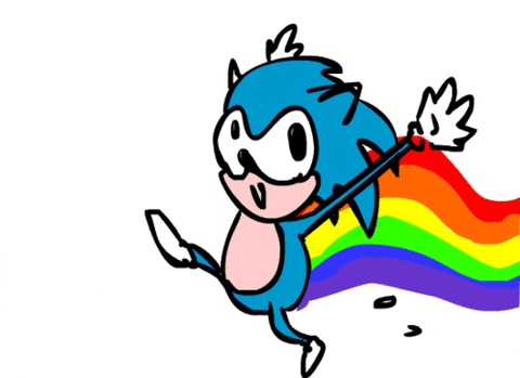 Illustrated gif. Fan made rendering of Sonic the Hedgehog running fast, smiling with his arms raised high as a rainbow billows behind him.