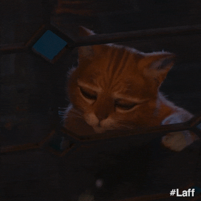 Movie gif. Puss in Boots from Shrek looks through a window big puppy dog eyes and pleads with his paws.