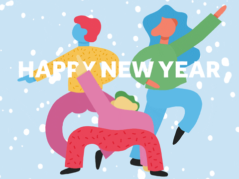 Illustrated gif. Three people in colorful pants and sweatshirts dancing wildly. Text, "happy new year."