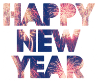 Text gif. Text on white background: Happy New Year. The words flash with various colorful images of fireworks.